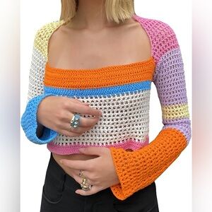 Color block crotchet cropped sweater